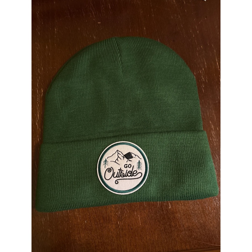 Green Knit Beanie Hat Go Outside Mountain Patch‎ Outdoor Adventure handmade osfa